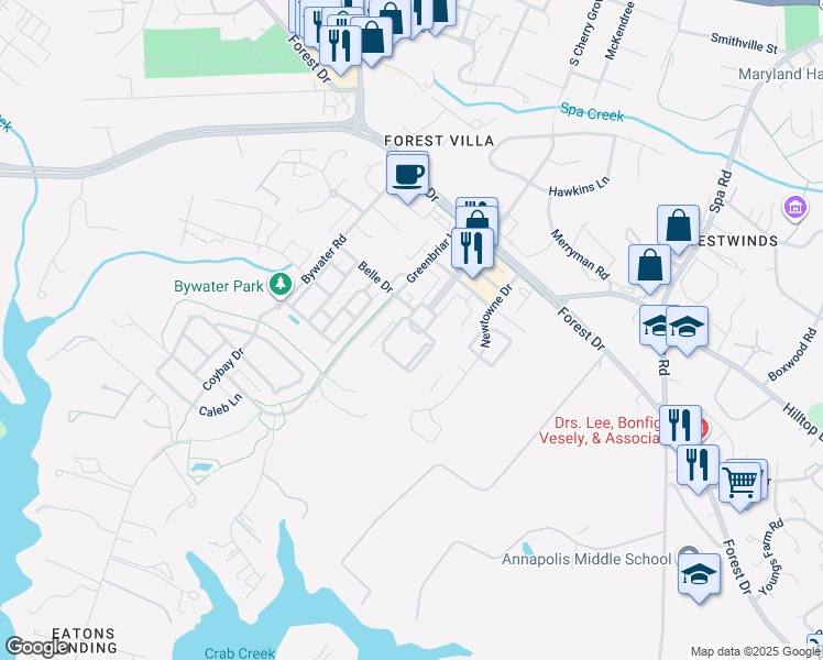 map of restaurants, bars, coffee shops, grocery stores, and more near 721 South Cherry Grove Avenue in Annapolis