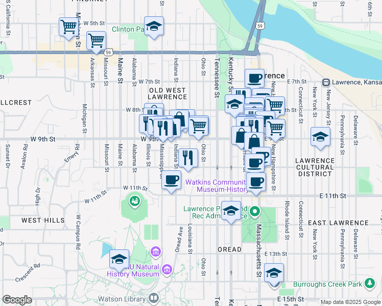 map of restaurants, bars, coffee shops, grocery stores, and more near 911 Ohio Street in Lawrence