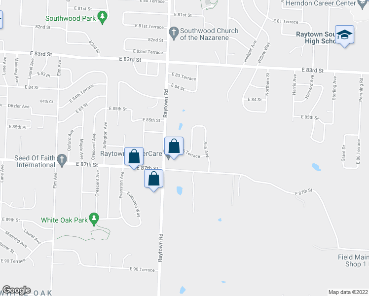 map of restaurants, bars, coffee shops, grocery stores, and more near 10104 East 86 Terrace in Raytown