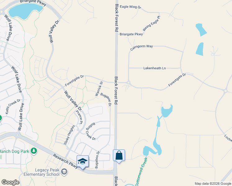 map of restaurants, bars, coffee shops, grocery stores, and more near 9246 Black Forest Road in Colorado Springs