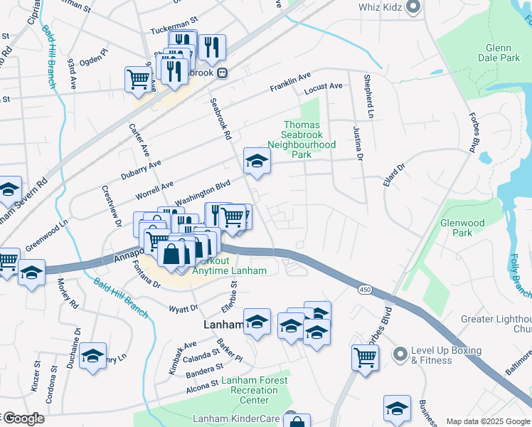 map of restaurants, bars, coffee shops, grocery stores, and more near 5652 Lanteen Street in Lanham