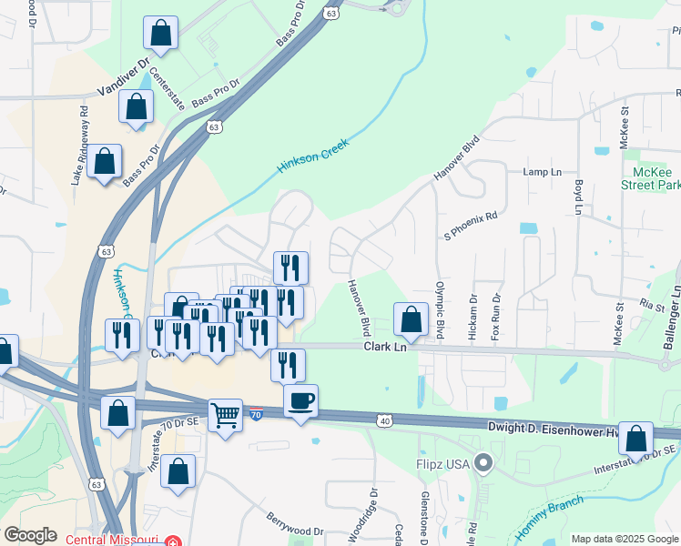 map of restaurants, bars, coffee shops, grocery stores, and more near 1601 Hanover Boulevard in Columbia