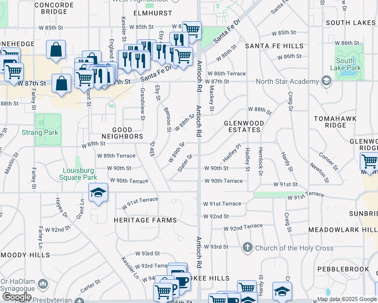 map of restaurants, bars, coffee shops, grocery stores, and more near 8713 West 89th Street in Overland Park