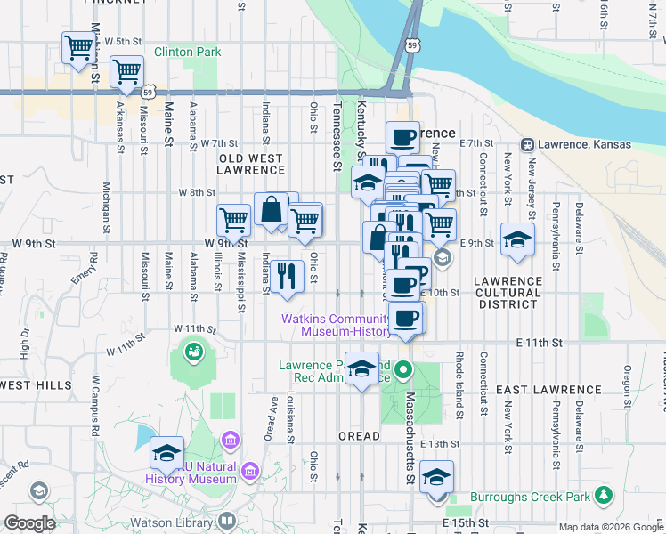 map of restaurants, bars, coffee shops, grocery stores, and more near 923 Tennessee Street in Lawrence