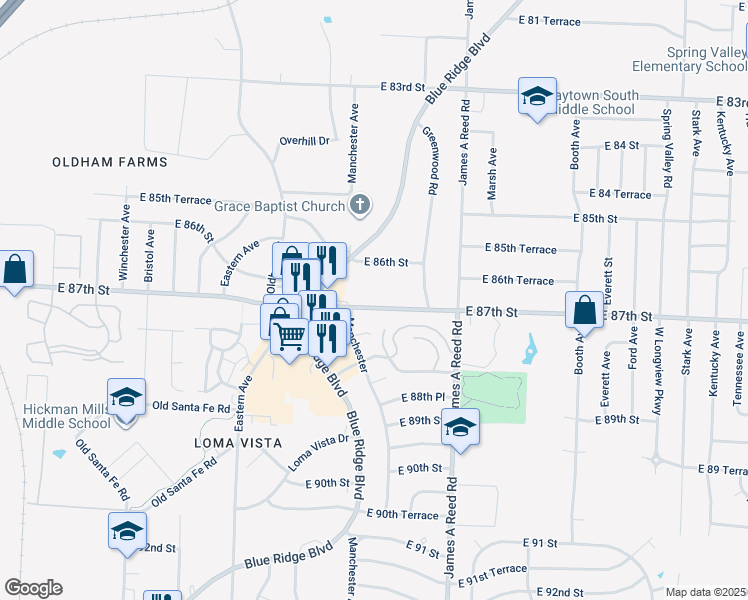 map of restaurants, bars, coffee shops, grocery stores, and more near 7812 East 87th Street in Raytown