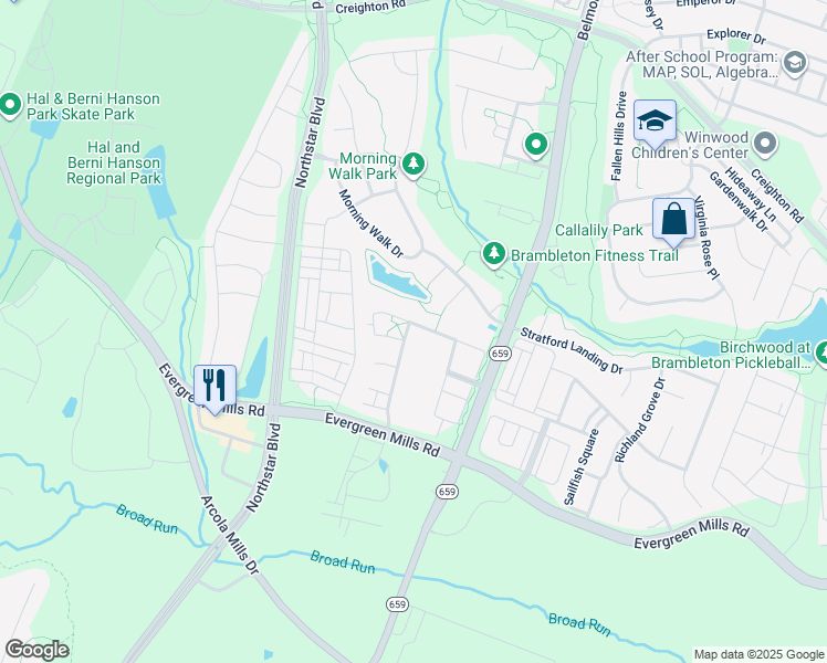 map of restaurants, bars, coffee shops, grocery stores, and more near 23520 Boca Field Terrace in Ashburn