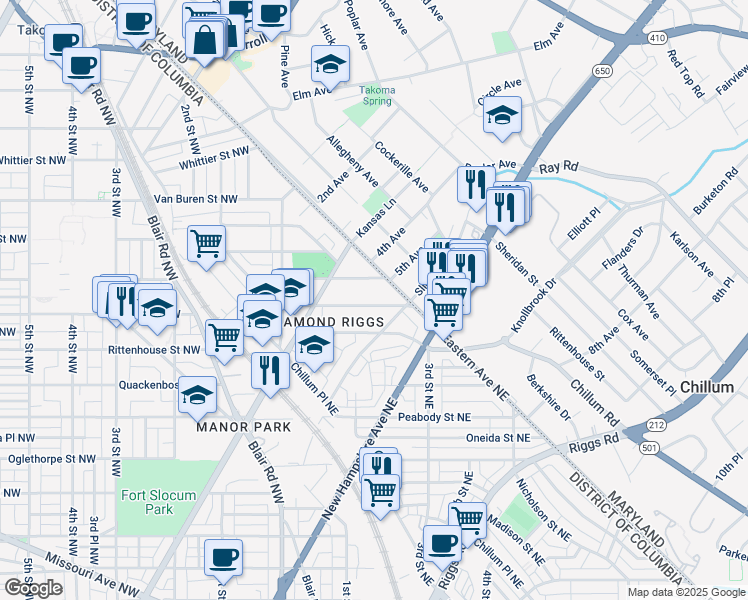 map of restaurants, bars, coffee shops, grocery stores, and more near 88 Sheridan Street Northeast in Washington