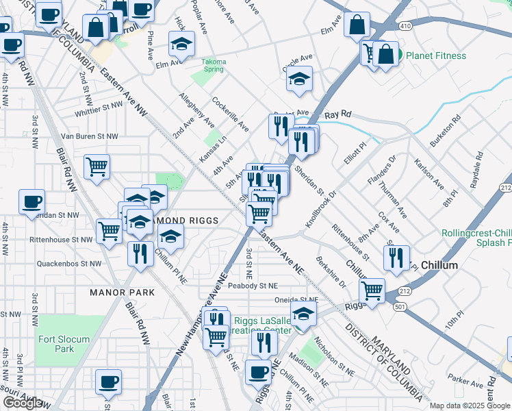 map of restaurants, bars, coffee shops, grocery stores, and more near 6300 New Hampshire Avenue in Takoma Park