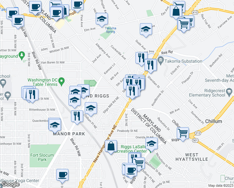 map of restaurants, bars, coffee shops, grocery stores, and more near 136 Sheridan Street Northeast in Washington