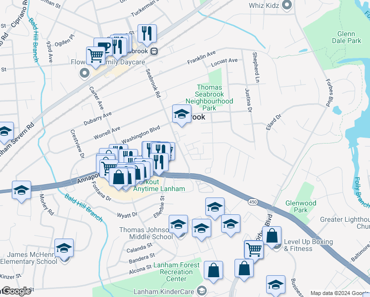 map of restaurants, bars, coffee shops, grocery stores, and more near 5652 Lanteen Street in Lanham