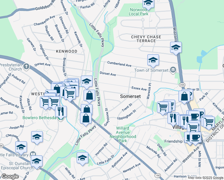 map of restaurants, bars, coffee shops, grocery stores, and more near 4901 Falstone Avenue in Chevy Chase
