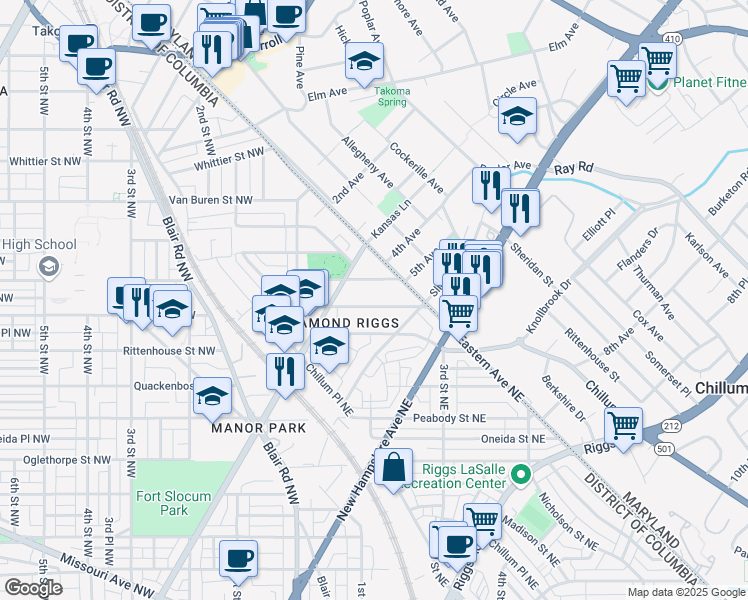 map of restaurants, bars, coffee shops, grocery stores, and more near 72 Sheridan Street Northeast in Washington