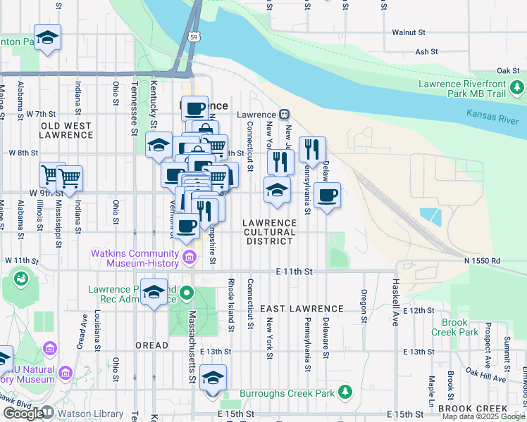 map of restaurants, bars, coffee shops, grocery stores, and more near 912 Connecticut Street in Lawrence