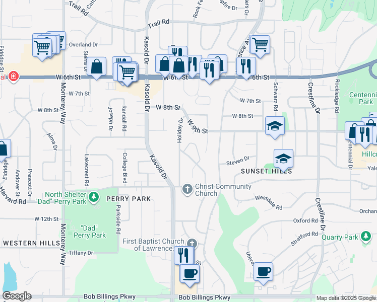 map of restaurants, bars, coffee shops, grocery stores, and more near 944 Jana Drive in Lawrence