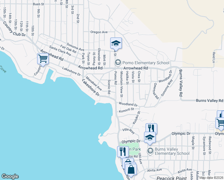 map of restaurants, bars, coffee shops, grocery stores, and more near 13970 Manakee Avenue in Clearlake