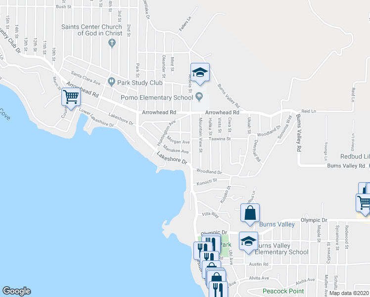 map of restaurants, bars, coffee shops, grocery stores, and more near 13970 Manakee Avenue in Clearlake