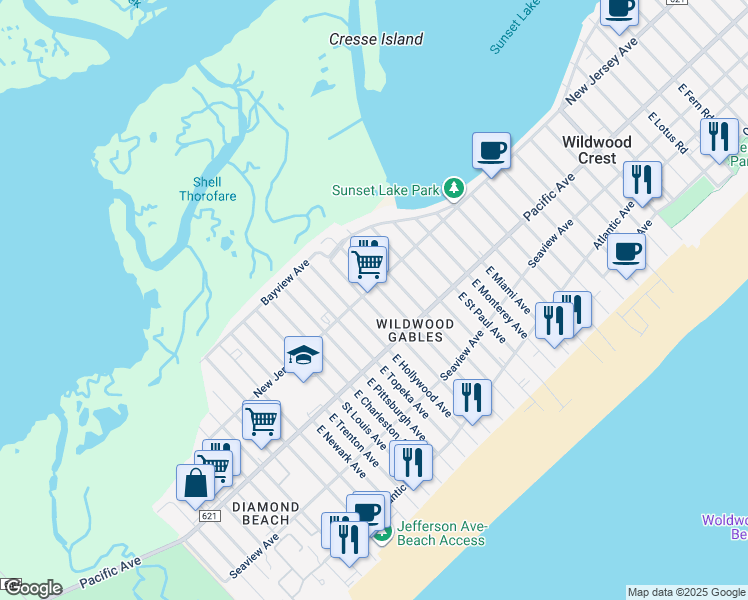 map of restaurants, bars, coffee shops, grocery stores, and more near 103 East Preston Avenue in Wildwood Crest