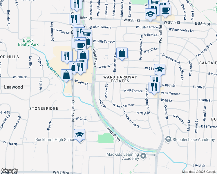 map of restaurants, bars, coffee shops, grocery stores, and more near 8900 Jarboe Street in Kansas City