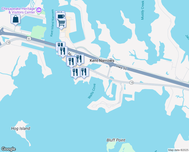 map of restaurants, bars, coffee shops, grocery stores, and more near 310 Channel Marker Way in Grasonville