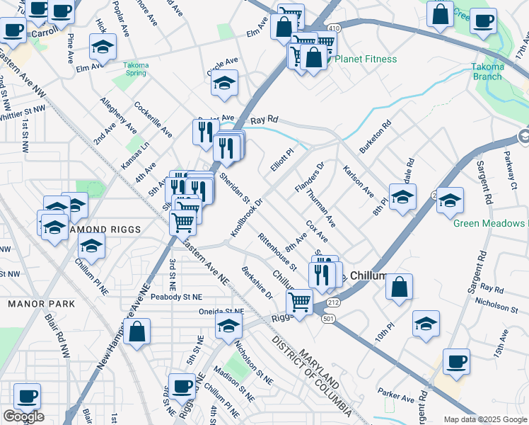 map of restaurants, bars, coffee shops, grocery stores, and more near 704 Sheridan Street in Hyattsville