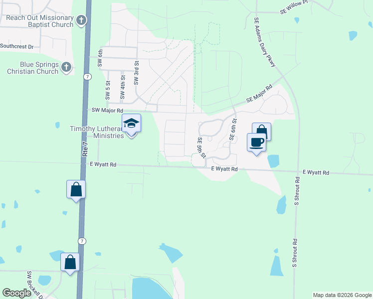 map of restaurants, bars, coffee shops, grocery stores, and more near 102 SW Rose St in Blue Springs
