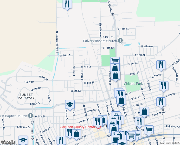 map of restaurants, bars, coffee shops, grocery stores, and more near 885 North Chestnut Street in Seymour