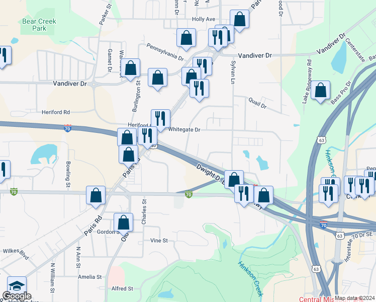 map of restaurants, bars, coffee shops, grocery stores, and more near 2203 Clark Lane in Columbia