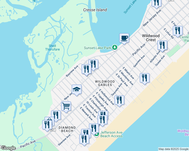 map of restaurants, bars, coffee shops, grocery stores, and more near 103 East Preston Avenue in Wildwood Crest