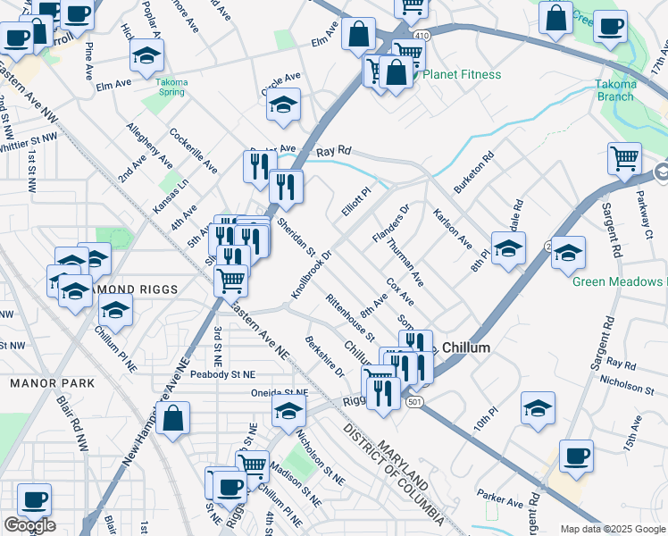 map of restaurants, bars, coffee shops, grocery stores, and more near 704 Sheridan Street in Hyattsville