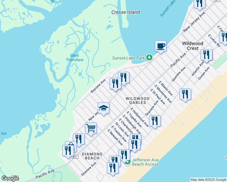 map of restaurants, bars, coffee shops, grocery stores, and more near 117 West Topeka Avenue in Wildwood