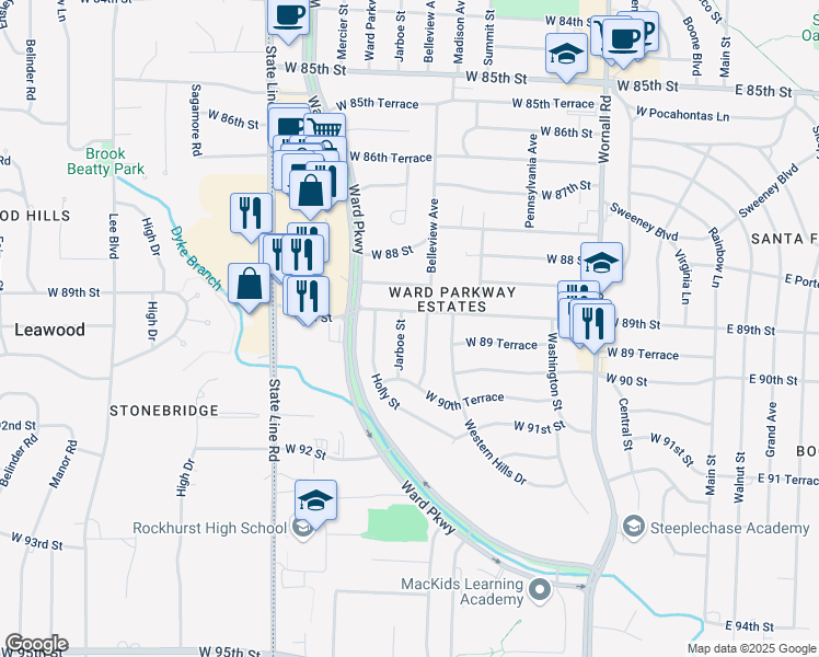 map of restaurants, bars, coffee shops, grocery stores, and more near 8900 Jarboe Street in Kansas City