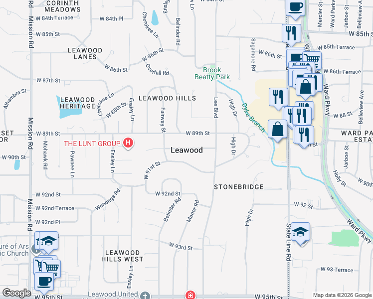 map of restaurants, bars, coffee shops, grocery stores, and more near in Overland Park