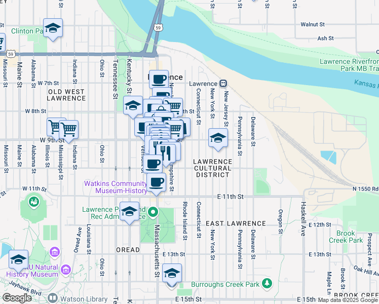 map of restaurants, bars, coffee shops, grocery stores, and more near 910 Rhode Island Street in Lawrence