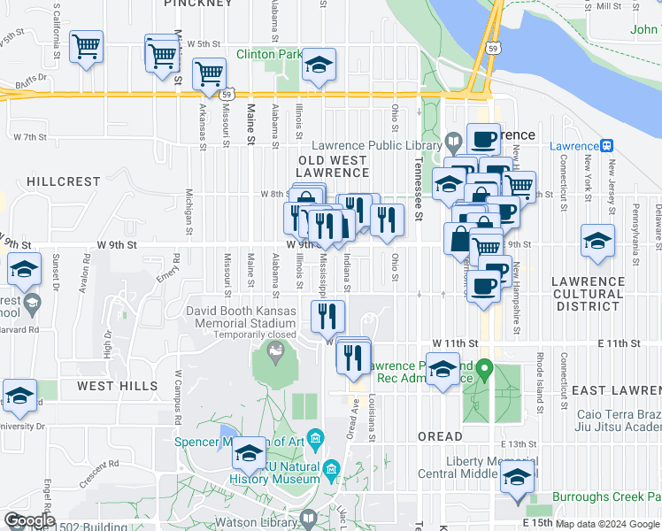 map of restaurants, bars, coffee shops, grocery stores, and more near 918 Mississippi Street in Lawrence