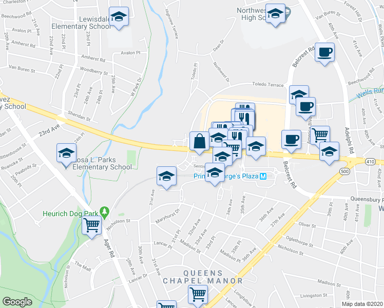 map of restaurants, bars, coffee shops, grocery stores, and more near 3300 Tribune Court in Hyattsville