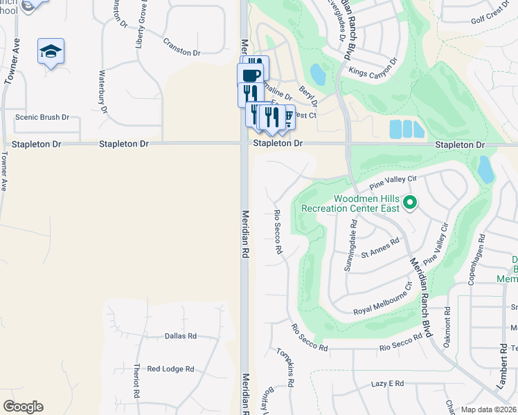 map of restaurants, bars, coffee shops, grocery stores, and more near 11649 Rio Secco Road in Peyton
