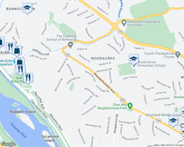 map of restaurants, bars, coffee shops, grocery stores, and more near 6202 Massachusetts Avenue in Bethesda