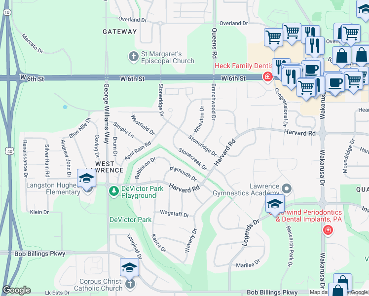 map of restaurants, bars, coffee shops, grocery stores, and more near 1032 Stonecreek Drive in Lawrence