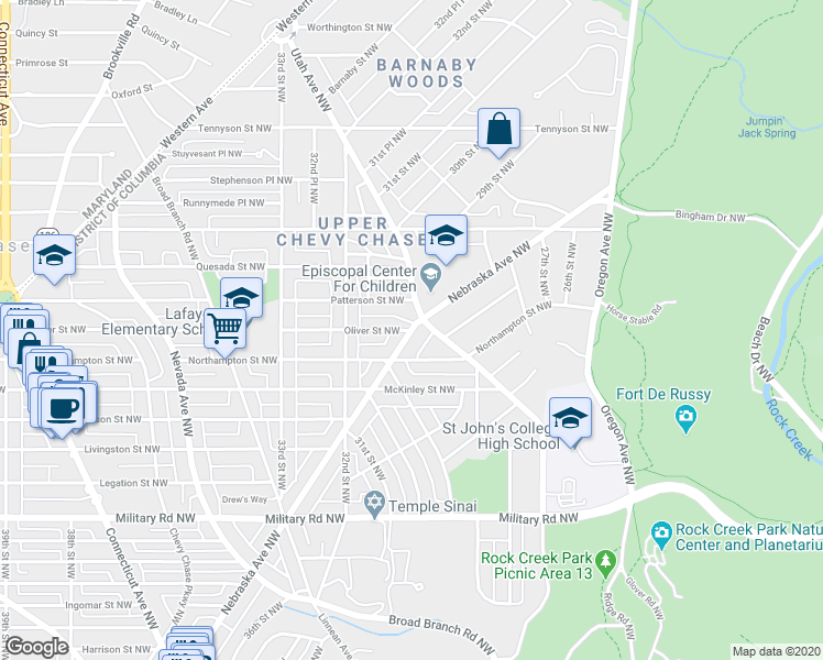 map of restaurants, bars, coffee shops, grocery stores, and more near Nebraska Ave NW & Oliver St NW in Washington