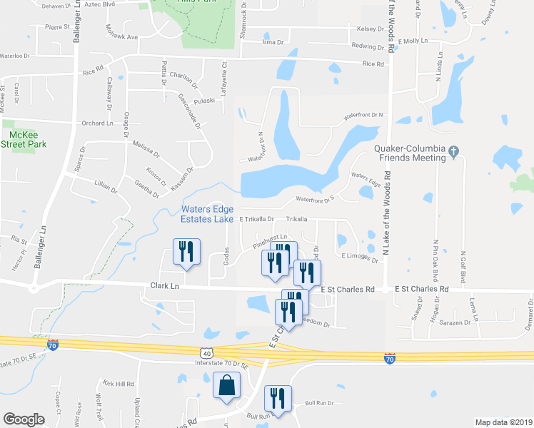 map of restaurants, bars, coffee shops, grocery stores, and more near 5351 East Trikalla Drive in Columbia