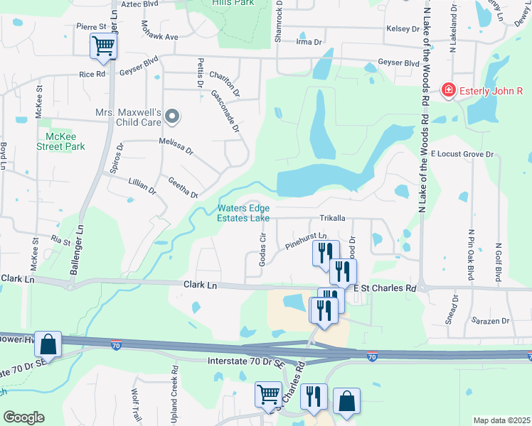 map of restaurants, bars, coffee shops, grocery stores, and more near 5305 East Trikalla Drive in Columbia