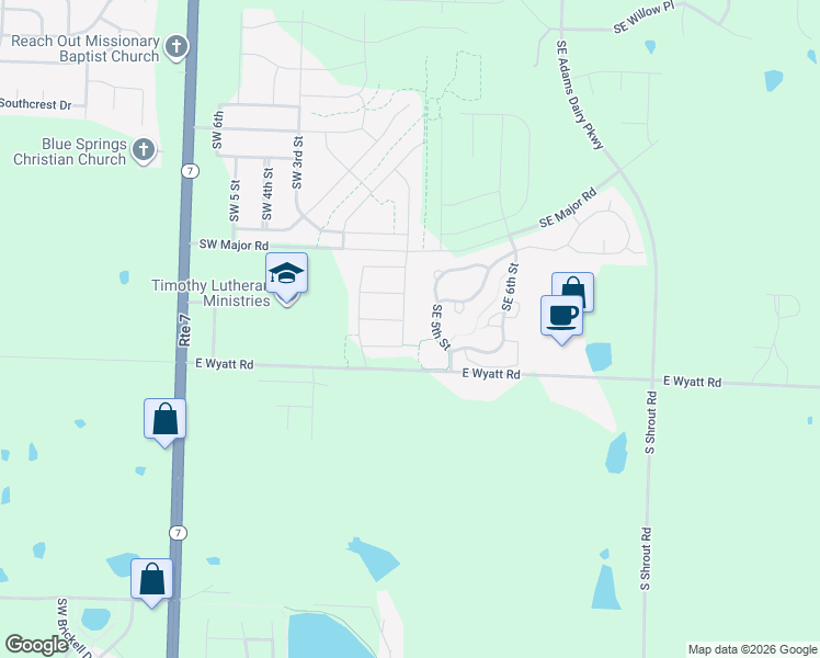 map of restaurants, bars, coffee shops, grocery stores, and more near 102 SW Rose St in Blue Springs