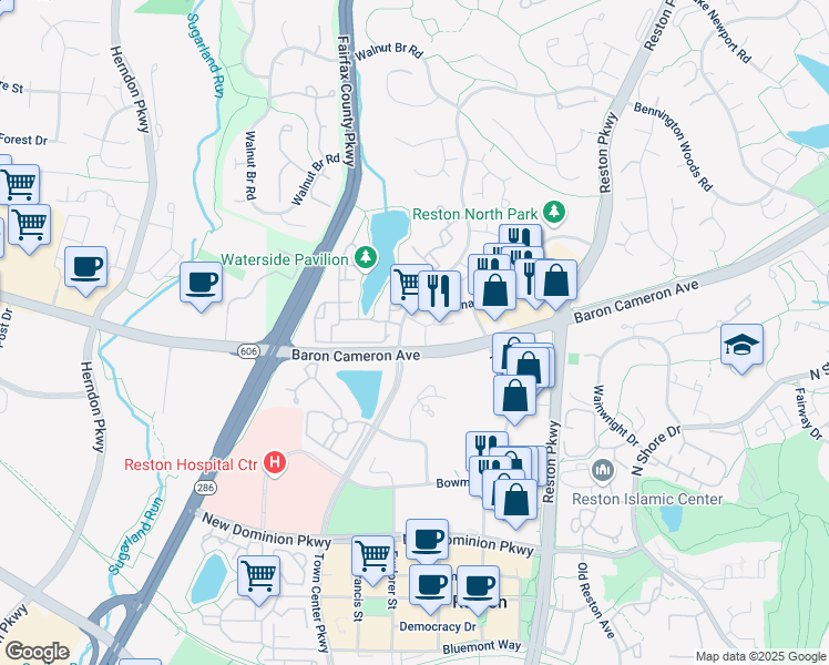 map of restaurants, bars, coffee shops, grocery stores, and more near 1750 Hampton Avenue North in Reston