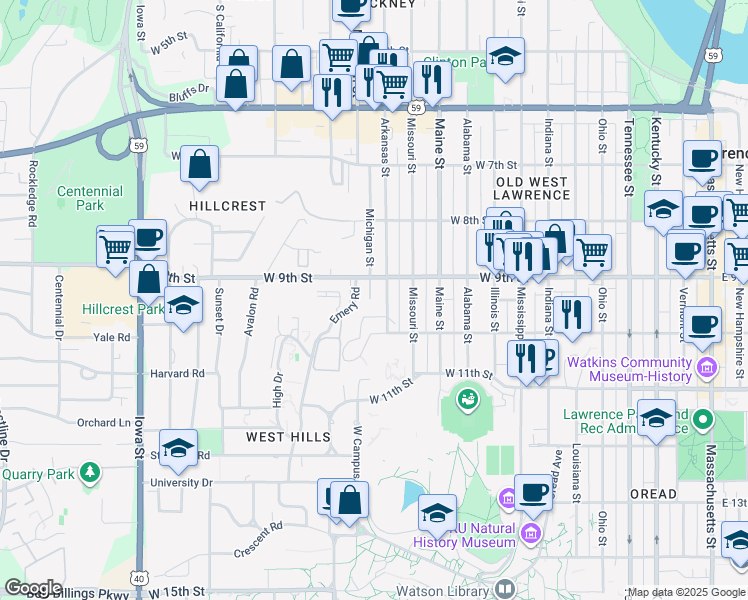 map of restaurants, bars, coffee shops, grocery stores, and more near 942 Michigan Street in Lawrence