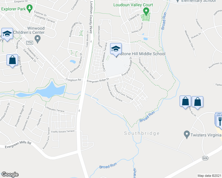 map of restaurants, bars, coffee shops, grocery stores, and more near 23512 Hopewell Manor Terrace in Ashburn