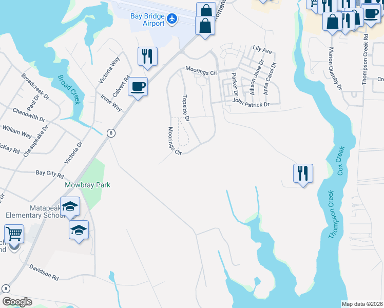 map of restaurants, bars, coffee shops, grocery stores, and more near 636 Moorings Circle in Stevensville