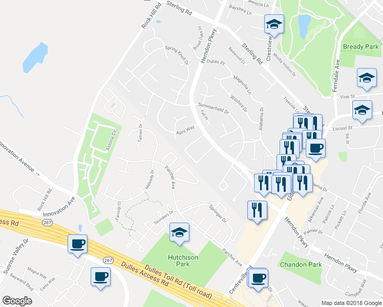 map of restaurants, bars, coffee shops, grocery stores, and more near 1270 Springtide Place in Herndon