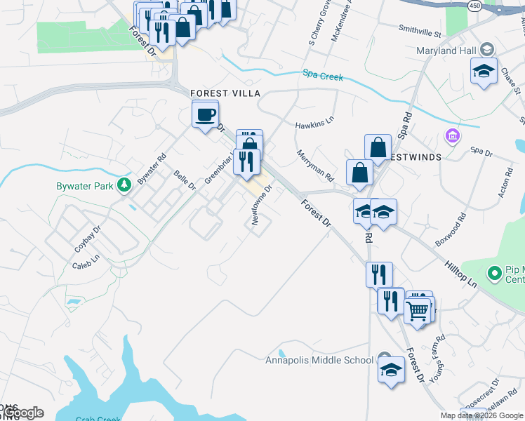 map of restaurants, bars, coffee shops, grocery stores, and more near 59 Juliana Circle East in Annapolis