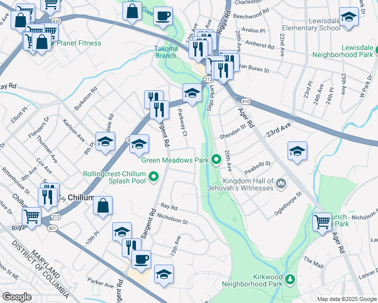 map of restaurants, bars, coffee shops, grocery stores, and more near 6308 Balfour Drive in Hyattsville
