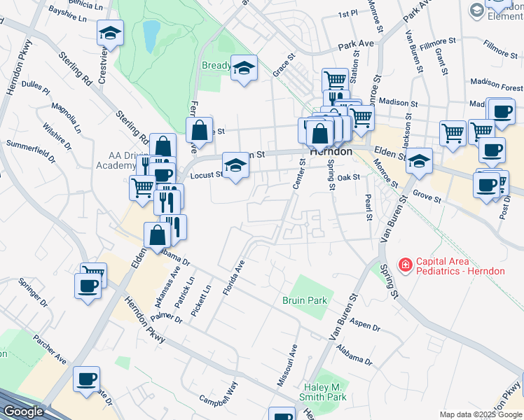 map of restaurants, bars, coffee shops, grocery stores, and more near 617 Center Street in Herndon